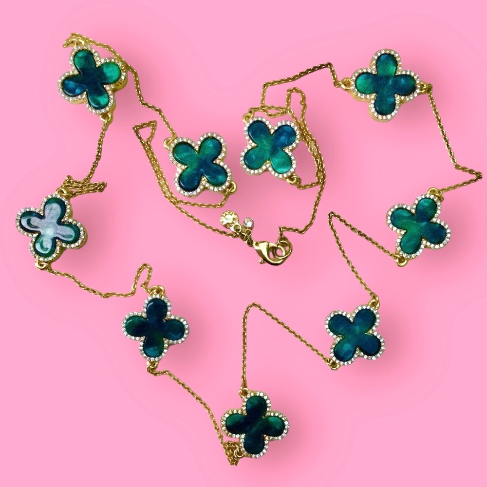 🎁 NEW 32” NECKLACE 9 MOTIF GREEN GOLD LUCKY CLOVER ANN TAYLOR CROSS QUATREFOIL